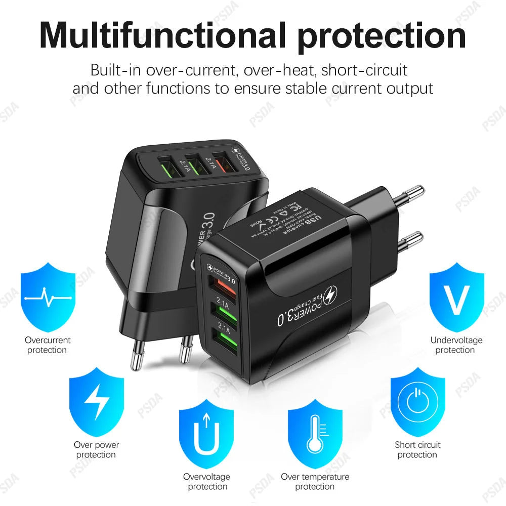 Chargeur Rapide USB Eonline 3A – 3 Ports | Prise EU/US/UK | Compatible