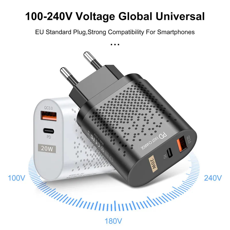 Eonline EU/US Plug PD USB Charger 20W 3A Quik Charge 3.0 Mobile