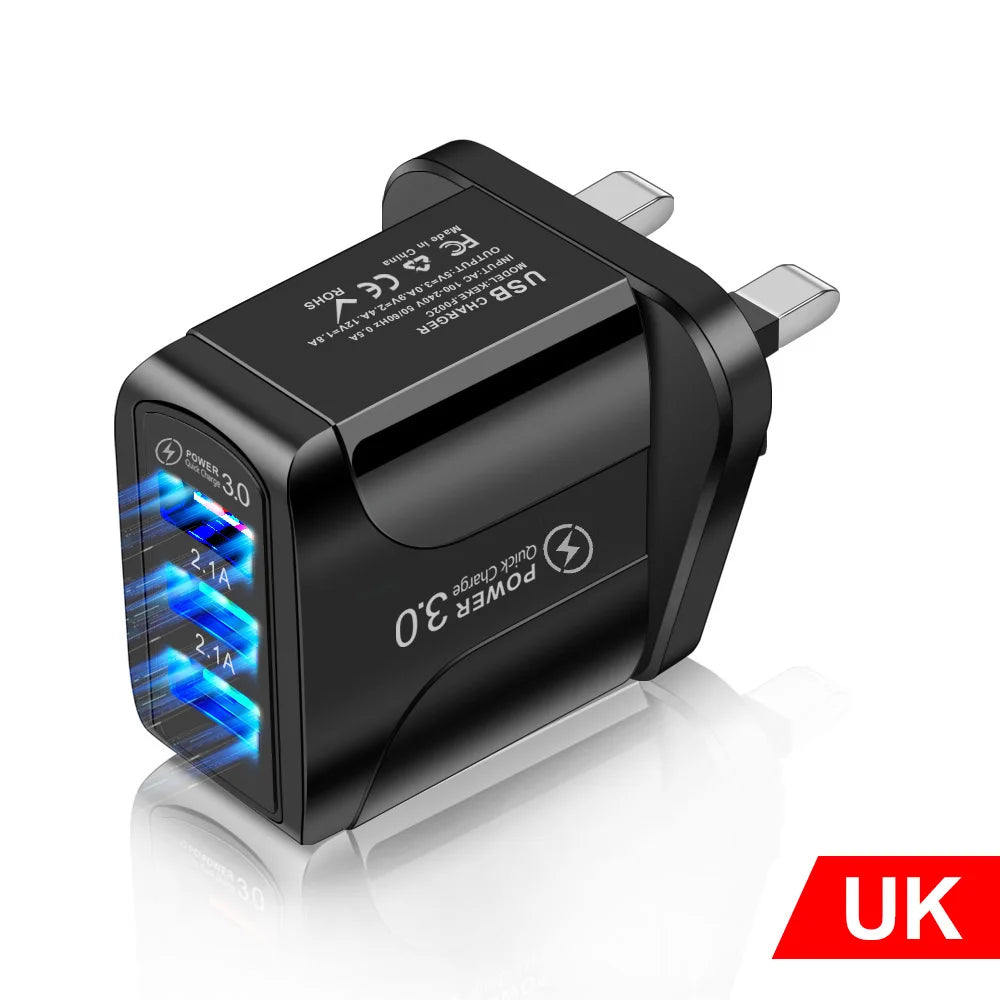 Chargeur Rapide USB Eonline 3A – 3 Ports | Prise EU/US/UK | Compatible