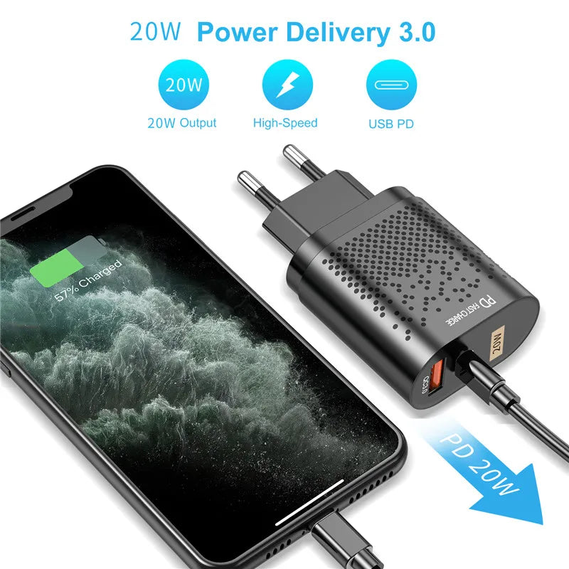 Eonline EU/US Plug PD USB Charger 20W 3A Quik Charge 3.0 Mobile