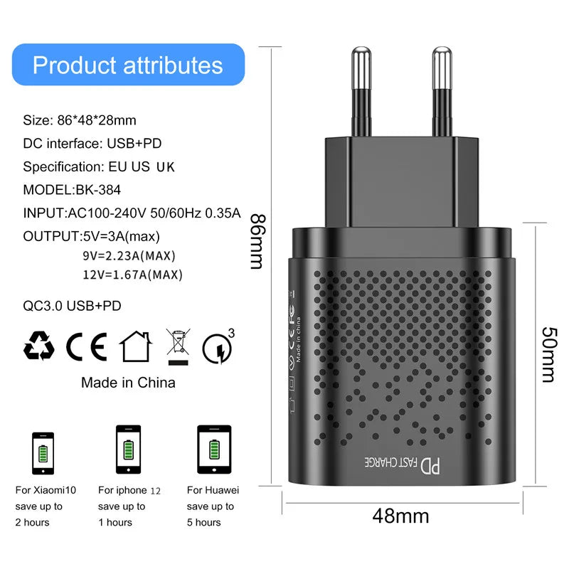 Eonline EU/US Plug PD USB Charger 20W 3A Quik Charge 3.0 Mobile