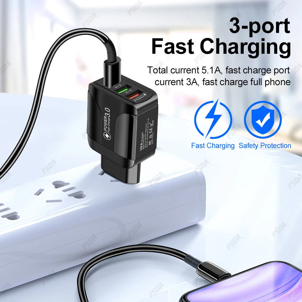 Chargeur Rapide USB Eonline 3A – 3 Ports | Prise EU/US/UK | Compatible