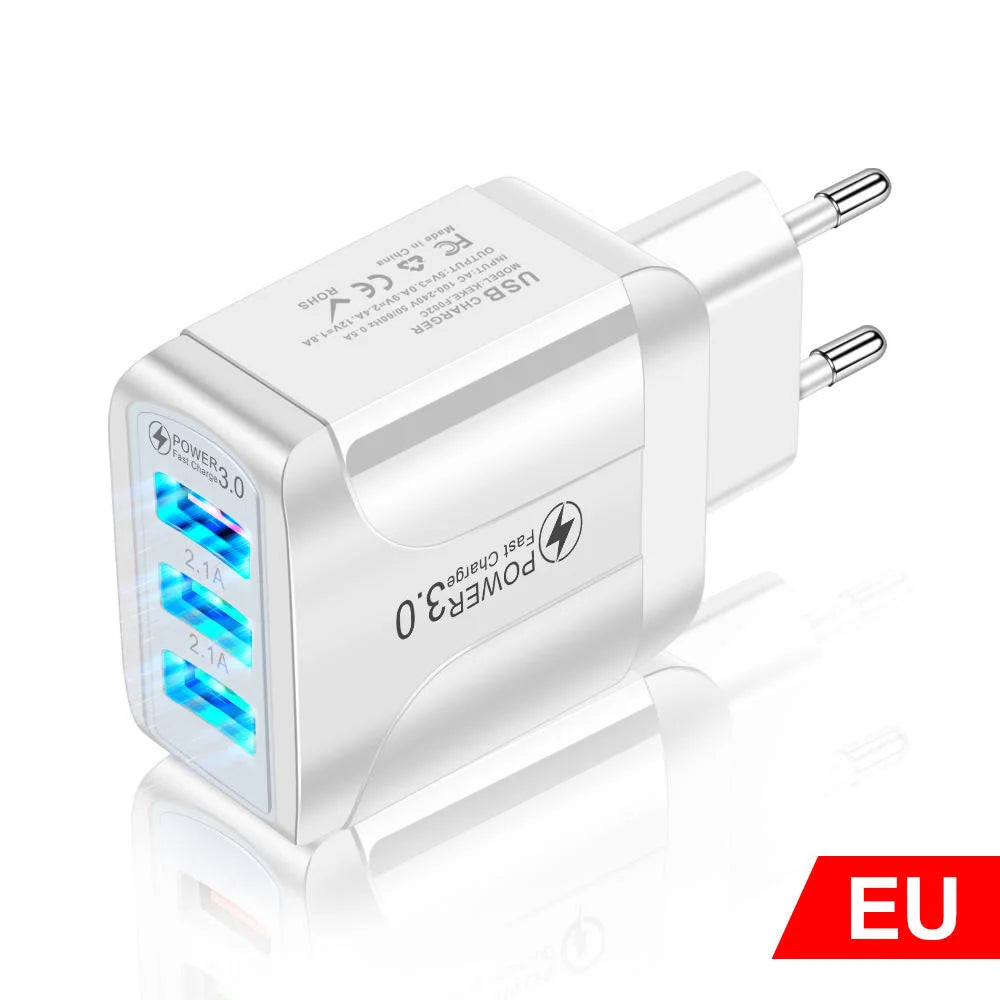 Chargeur Rapide USB Eonline 3A – 3 Ports | Prise EU/US/UK | Compatible