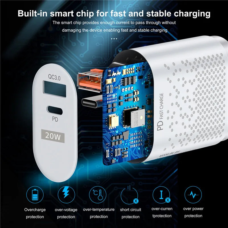 Eonline EU/US Plug PD USB Charger 20W 3A Quik Charge 3.0 Mobile