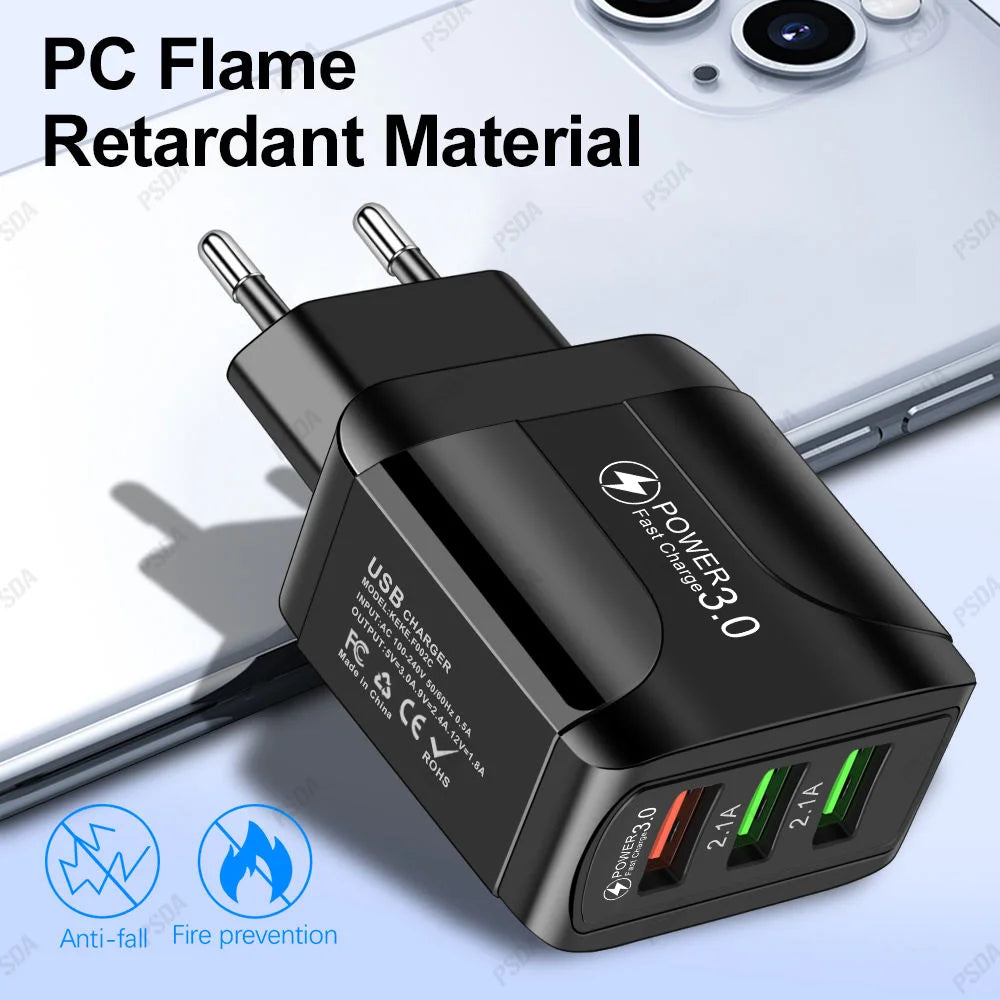 Chargeur Rapide USB Eonline 3A – 3 Ports | Prise EU/US/UK | Compatible