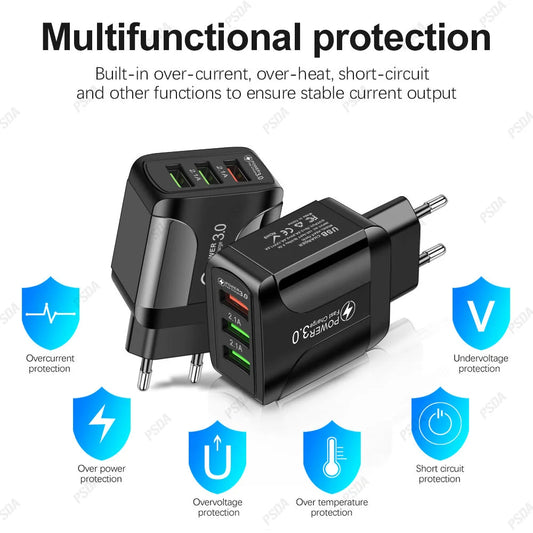 Chargeur Rapide USB Eonline 3A – 3 Ports | Prise EU/US/UK | Compatible