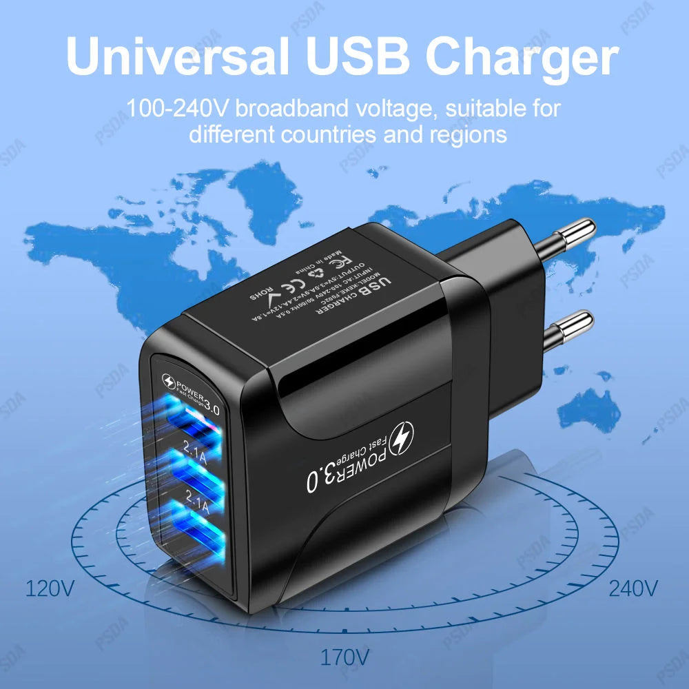 Chargeur Rapide USB Eonline 3A – 3 Ports | Prise EU/US/UK | Compatible