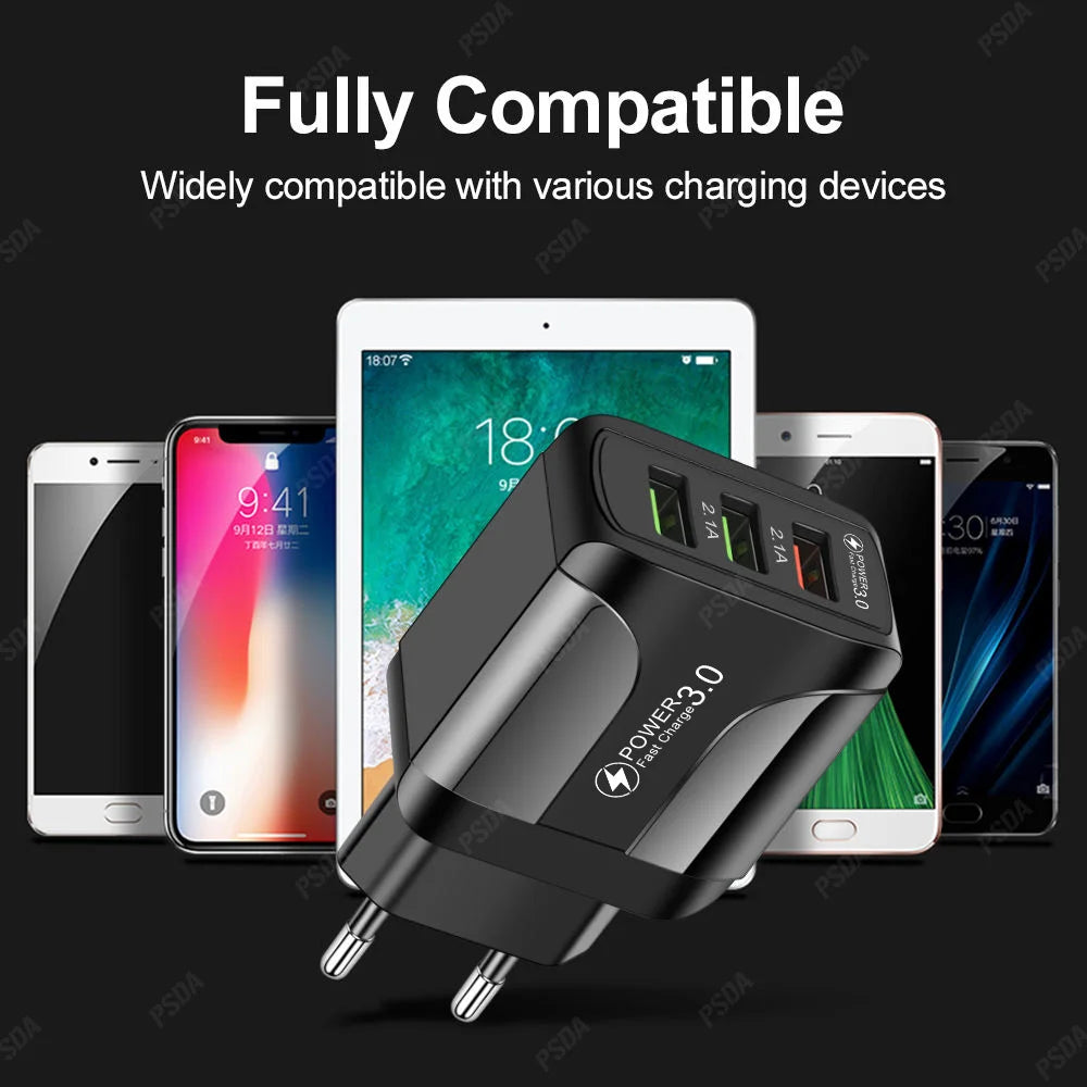Chargeur Rapide USB Eonline 3A – 3 Ports | Prise EU/US/UK | Compatible