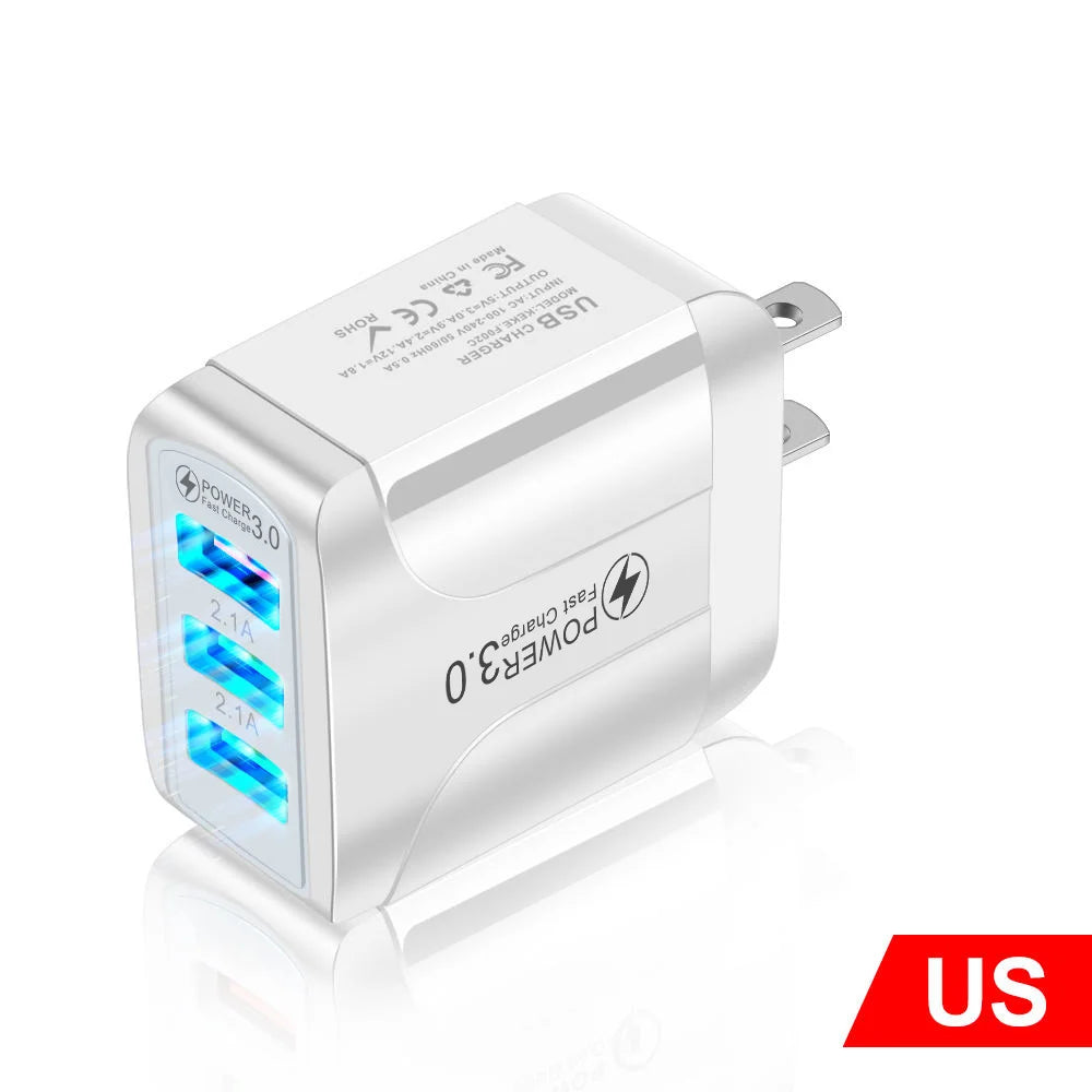 Chargeur Rapide USB Eonline 3A – 3 Ports | Prise EU/US/UK | Compatible