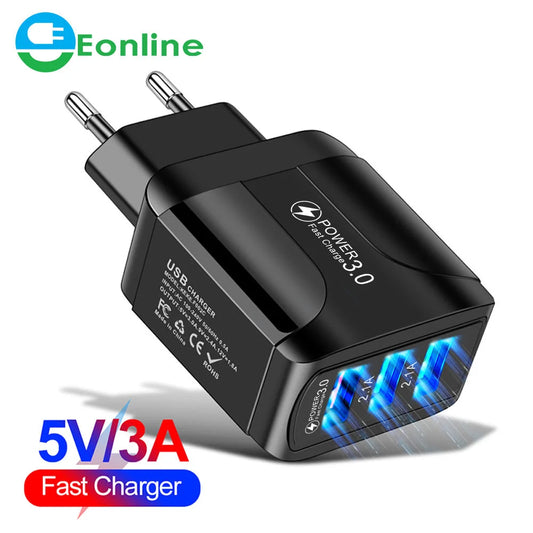 Chargeur Rapide USB Eonline 3A – 3 Ports | Prise EU/US/UK | Compatible