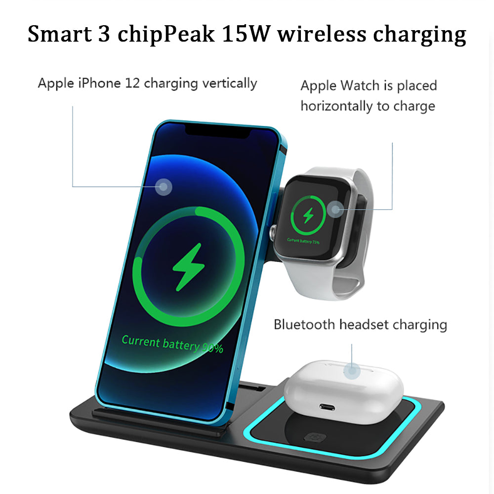 station de recharge Foldable 3 in 1 Wireless Charger - Chargeur Sans Fil 15W
