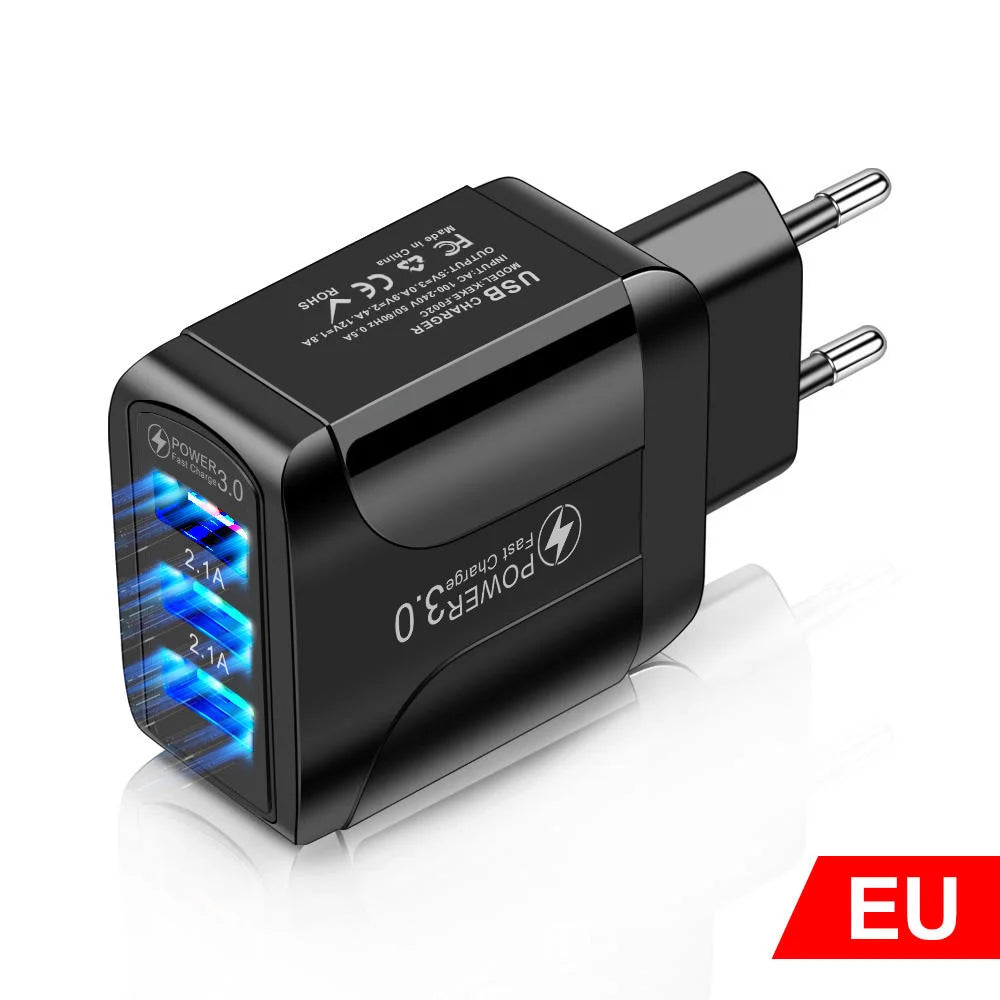 Chargeur Rapide USB Eonline 3A – 3 Ports | Prise EU/US/UK | Compatible