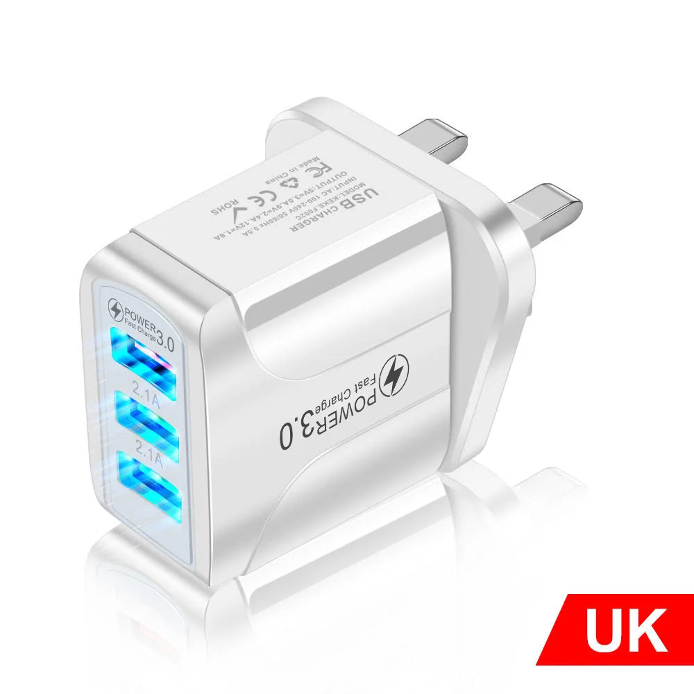 Chargeur Rapide USB Eonline 3A – 3 Ports | Prise EU/US/UK | Compatible
